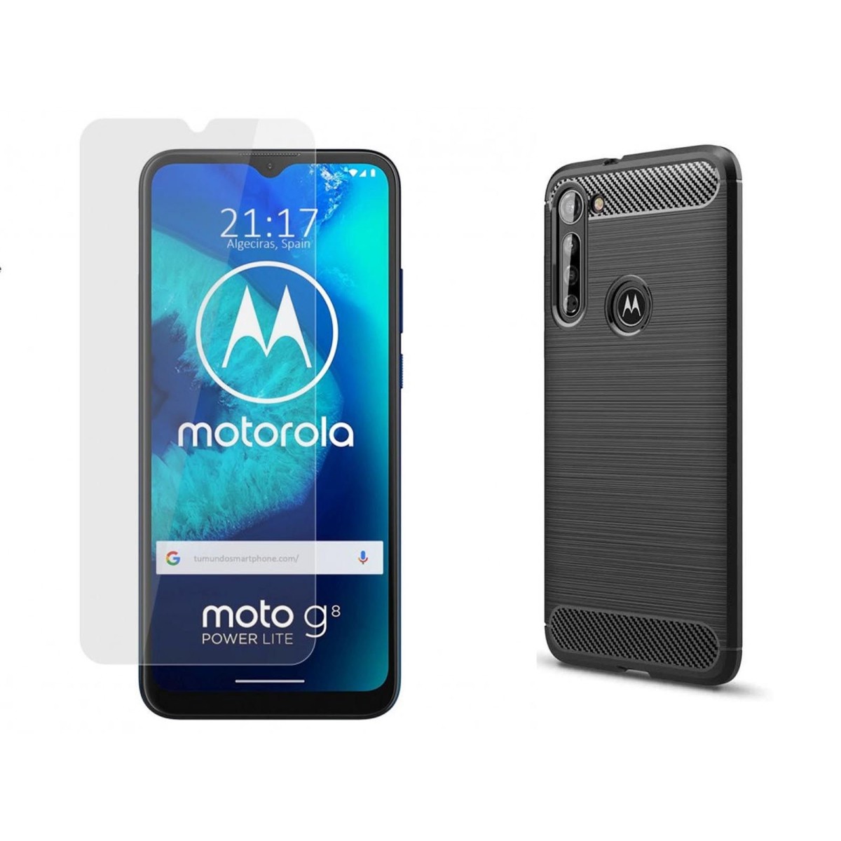 Pack 2 En 1 Funda Gel Tipo Carbono + Protector Cristal Templado para Motorola Moto G8 Power