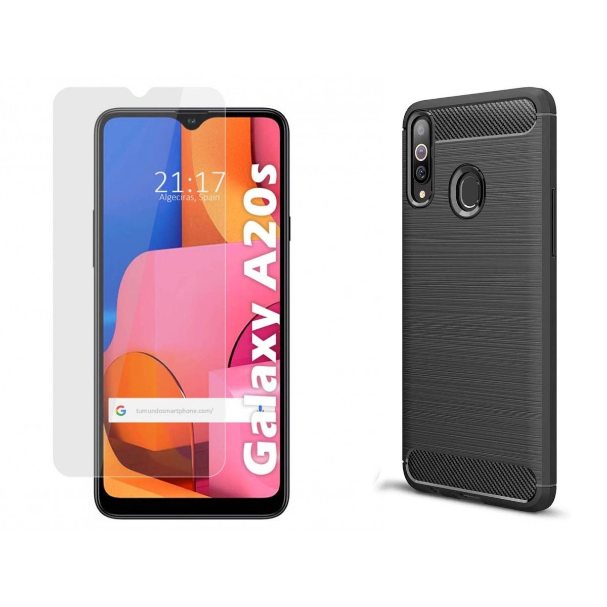 Pack 2 En 1 Funda Gel Tipo Carbono + Protector Cristal Templado para Samsung Galaxy A20s