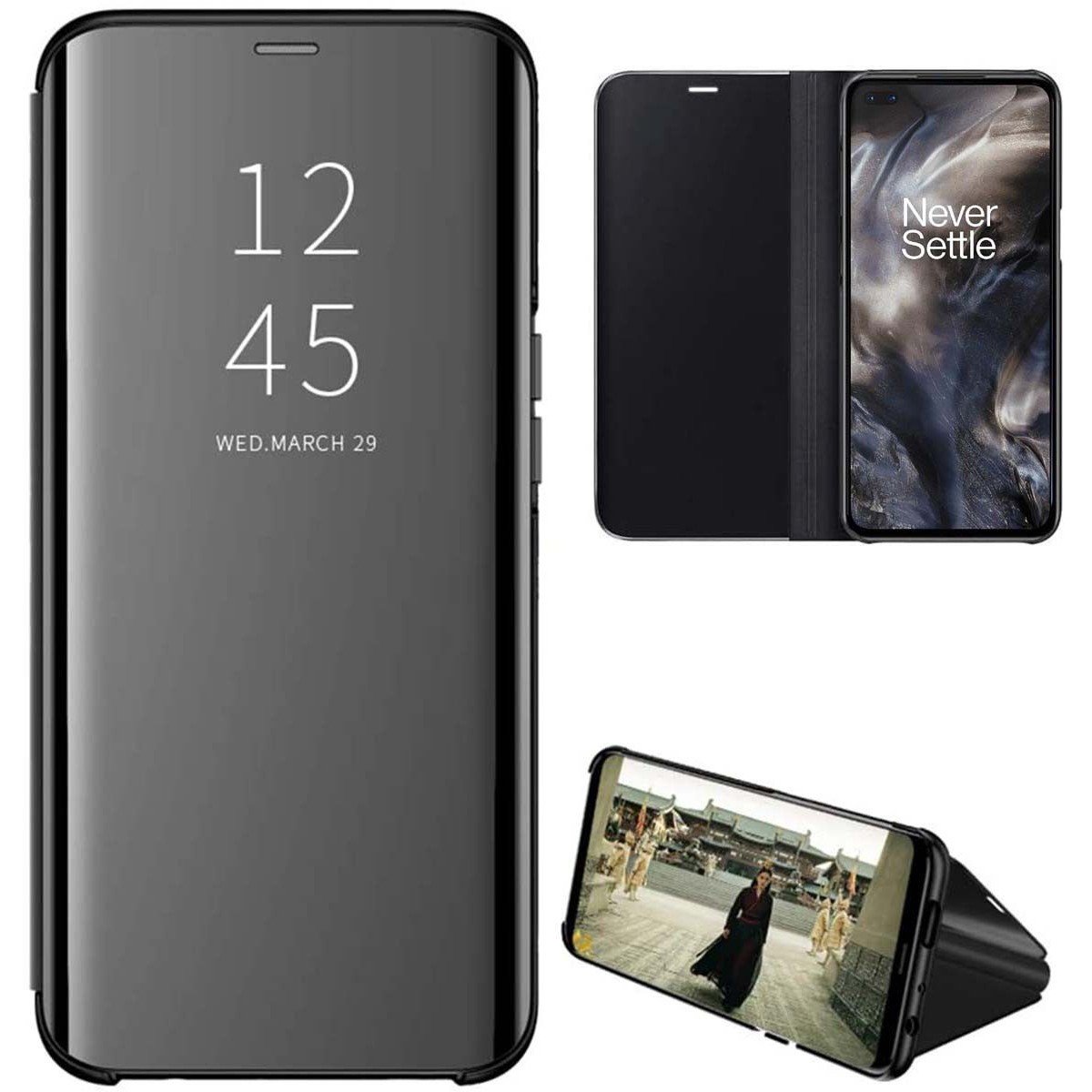 Funda Flip Cover Clear View para OnePlus Nord color Negra