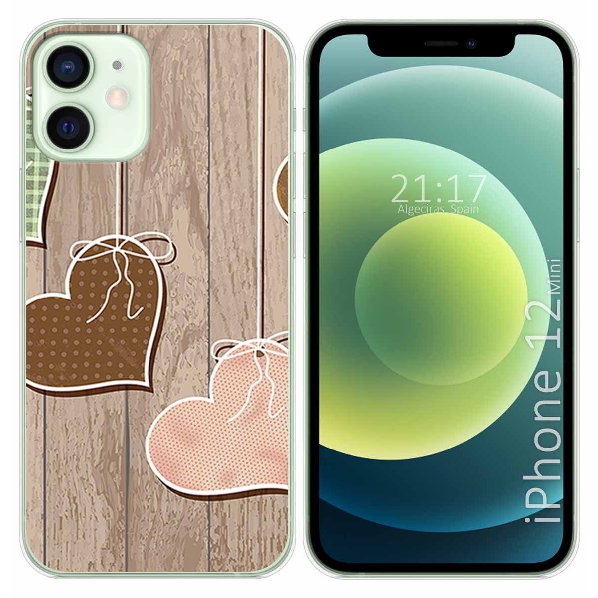 Funda Gel Tpu para Iphone 12 Mini (5.4) diseño Corazones Madera Dibujos