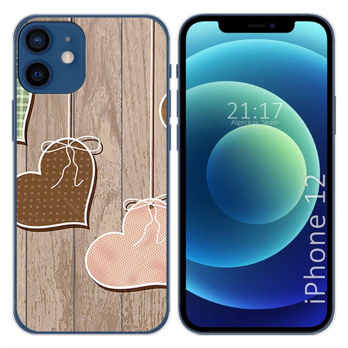 Funda Gel Tpu para Iphone 12 / 12 Pro (6.1) diseño Corazones Madera Dibujos