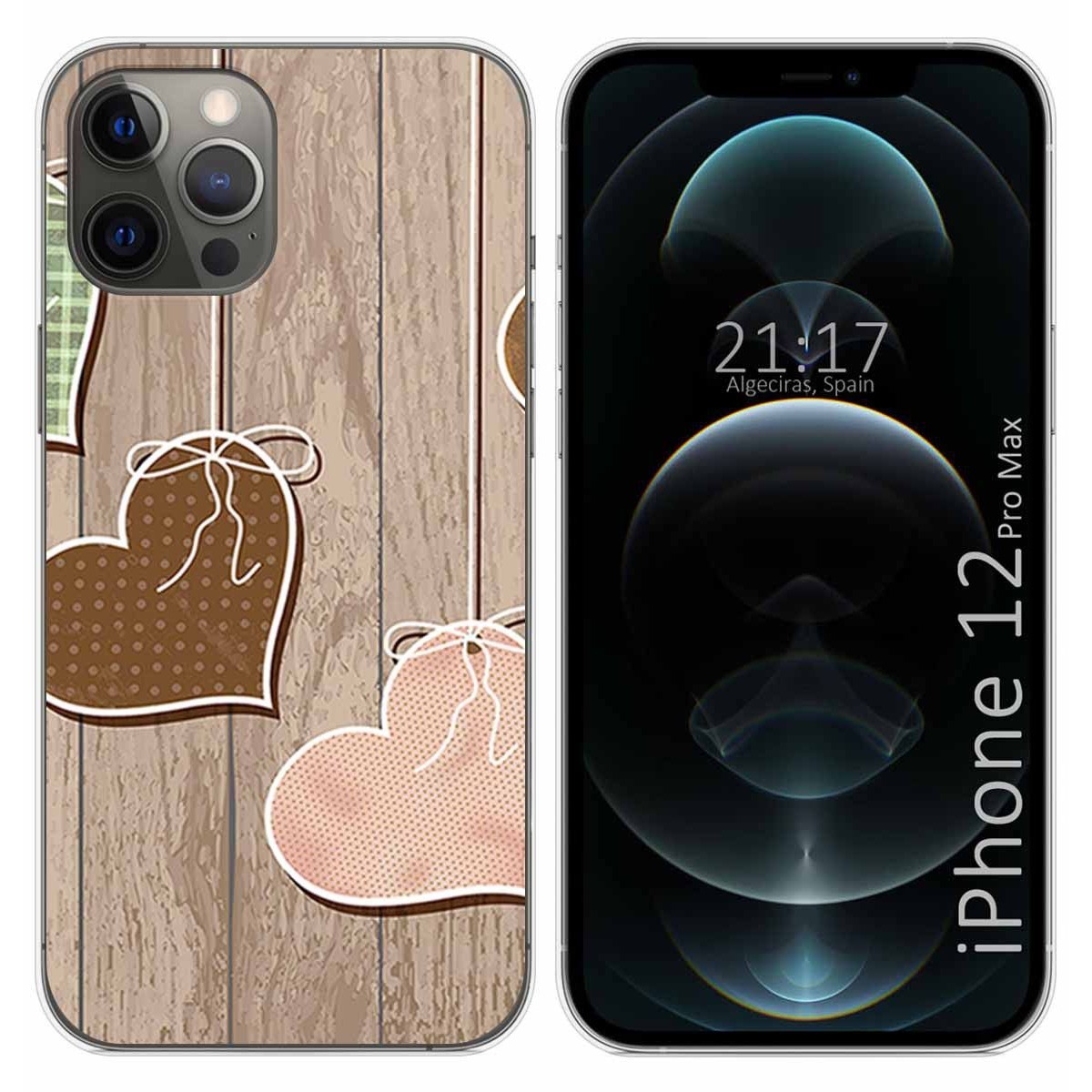 Funda Gel Tpu para Iphone 12 Pro Max (6.7) diseño Corazones Madera Dibujos