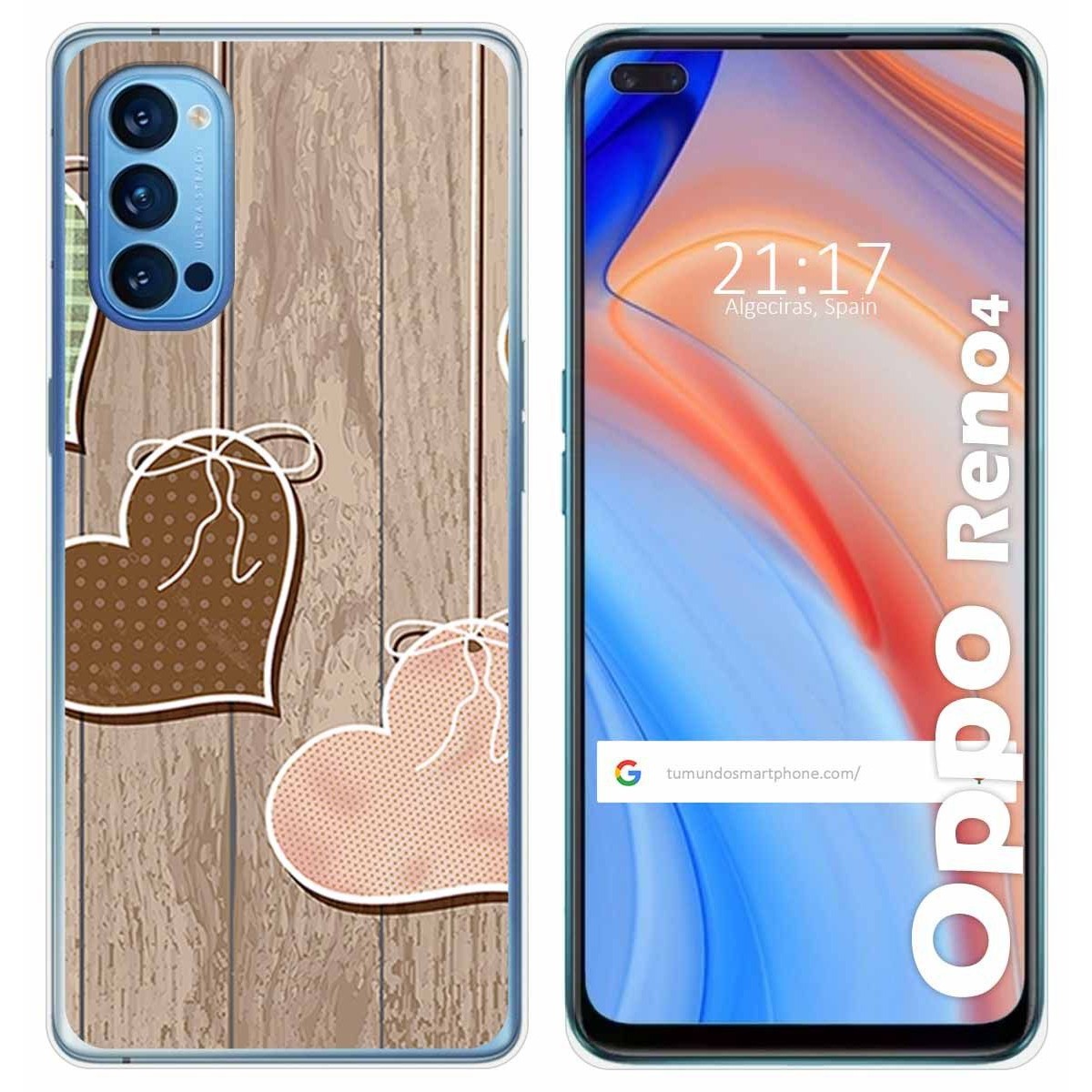 Funda Gel Tpu para Oppo Reno 4 5G diseño Corazones Madera Dibujos