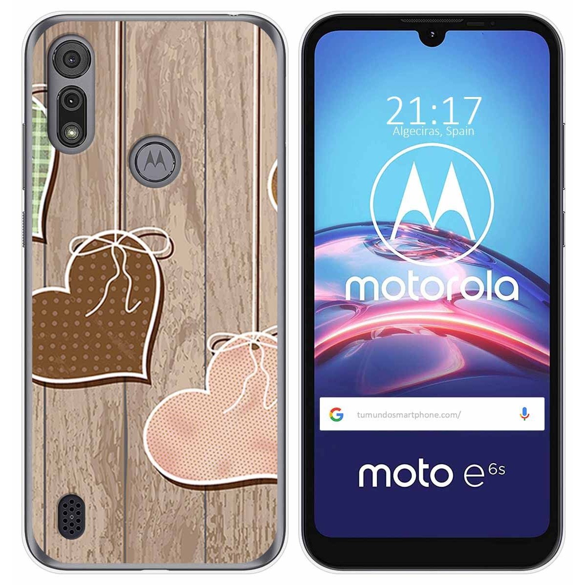 Funda Gel Tpu para Motorola Moto e6s diseño Corazones Madera Dibujos