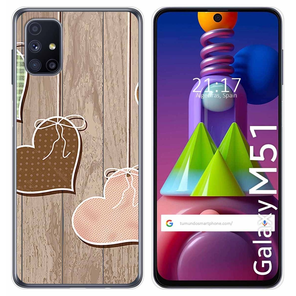 Funda Gel Tpu para Samsung Galaxy M51 diseño Corazones Madera Dibujos