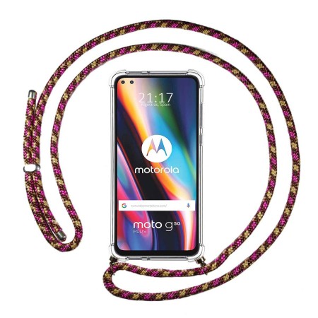 Funda Colgante Transparente para Motorola Moto G 5G Plus con Cordon Rosa / Dorado