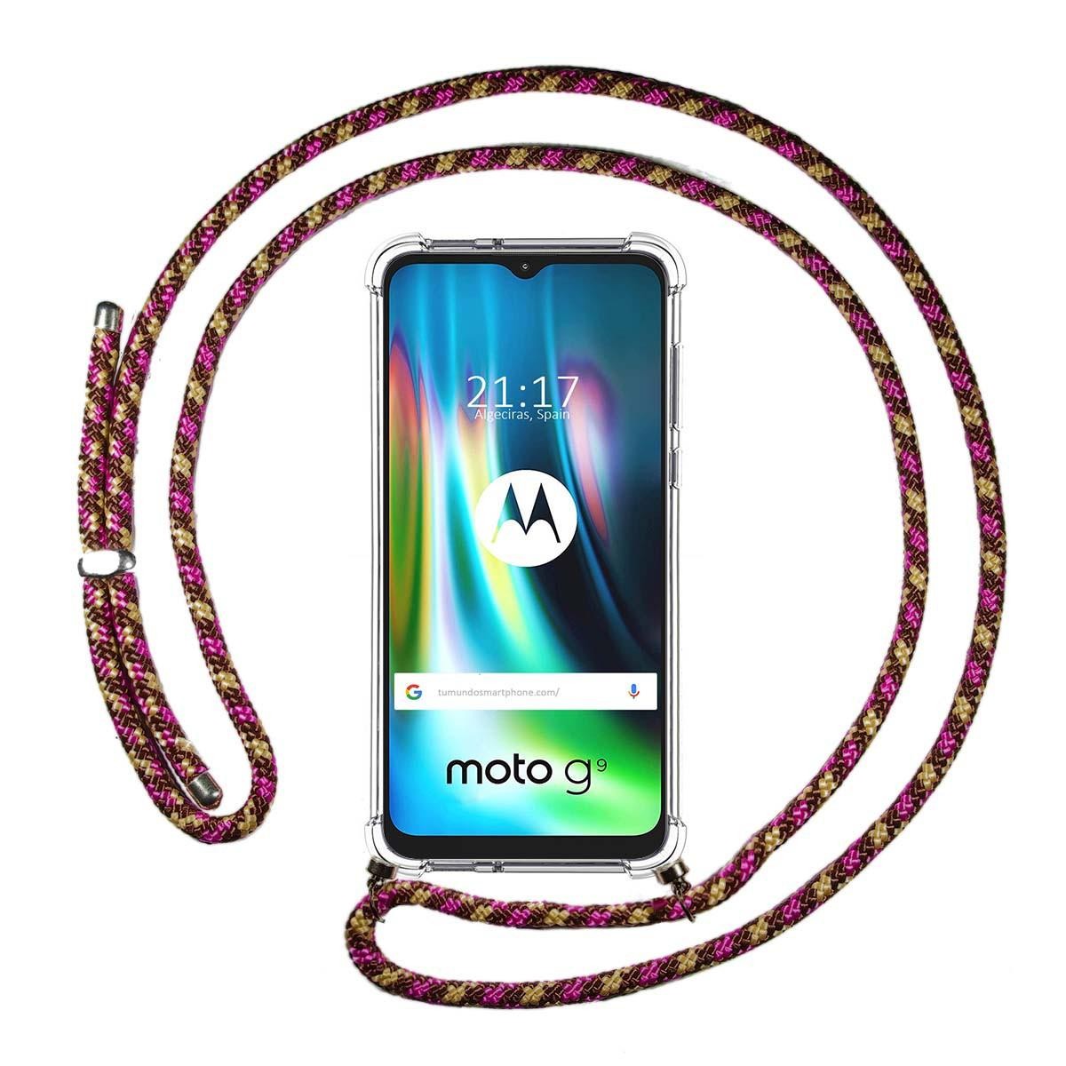Funda Colgante Transparente para Motorola Moto G9 Play / E7 Plus con Cordon Rosa / Dorado