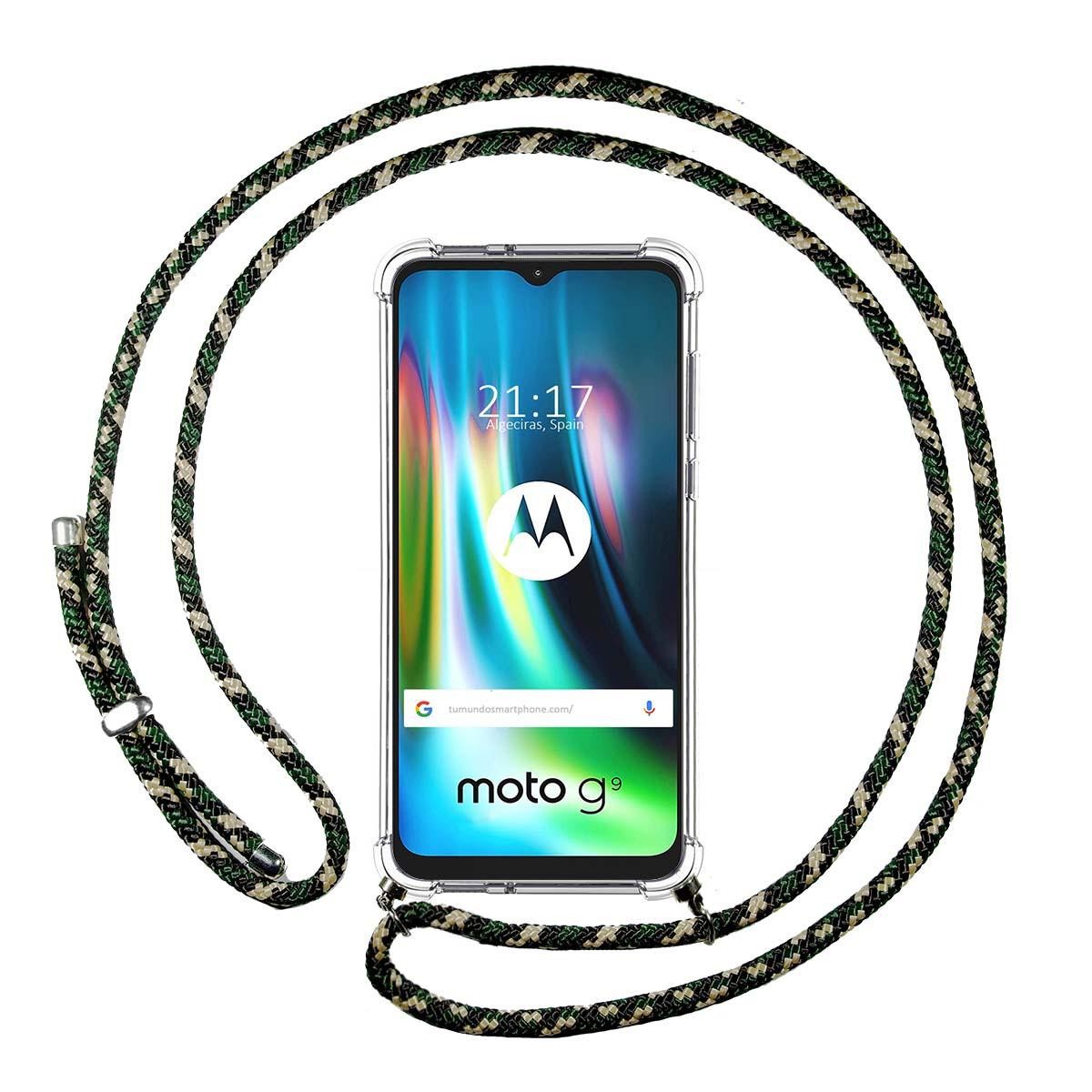 Funda Colgante Transparente para Motorola Moto G9 Play / E7 Plus con Cordon Verde / Dorado