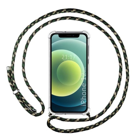 Funda Colgante Transparente para Iphone 12 Mini (5.4) con Cordon Verde / Dorado