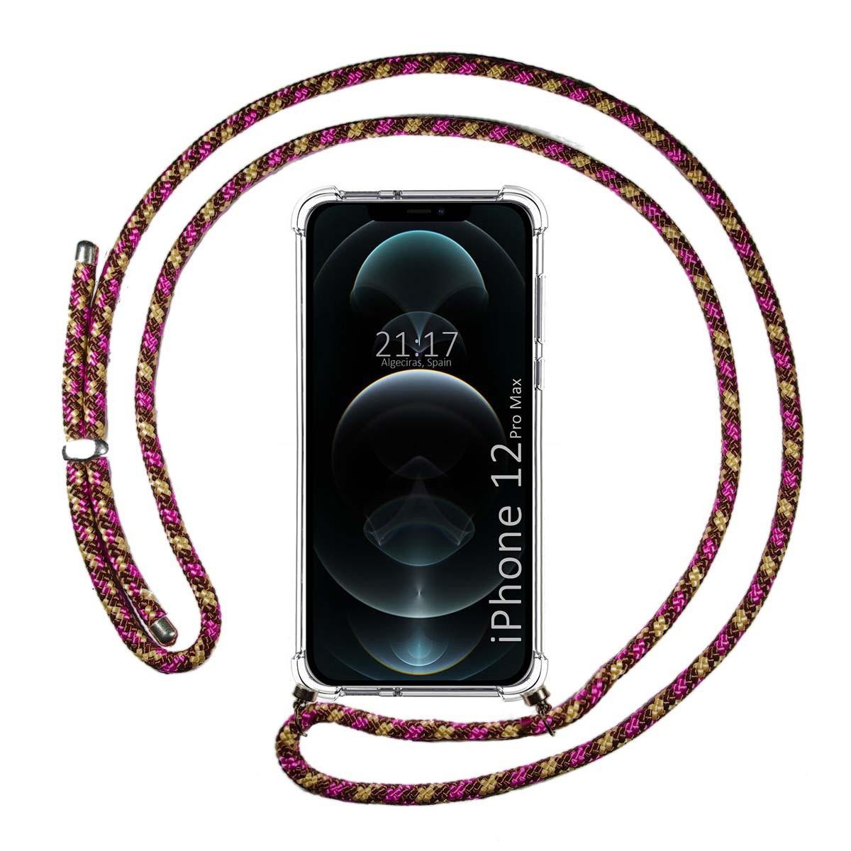 Funda Colgante Transparente para Iphone 12 Pro Max (6.7) con Cordon Rosa / Dorado
