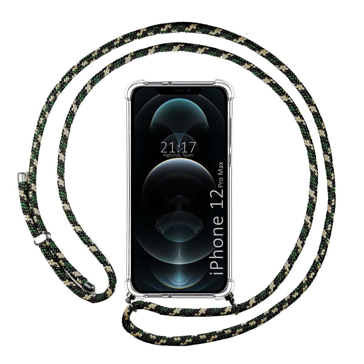 Funda Colgante Transparente para Iphone 12 Pro Max (6.7) con Cordon Verde / Dorado