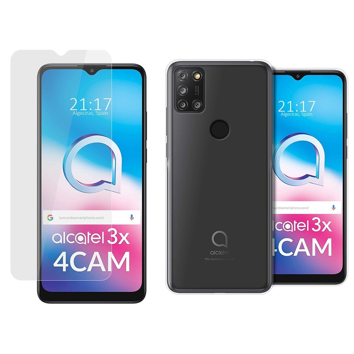 Pack 2 En 1 Funda Gel Transparente + Protector Cristal Templado para Alcatel 3X 4CAM