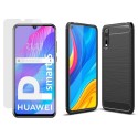 Pack 2 En 1 Funda Gel Tipo Carbono + Protector Cristal Templado para Huawei P Smart S / Y8p