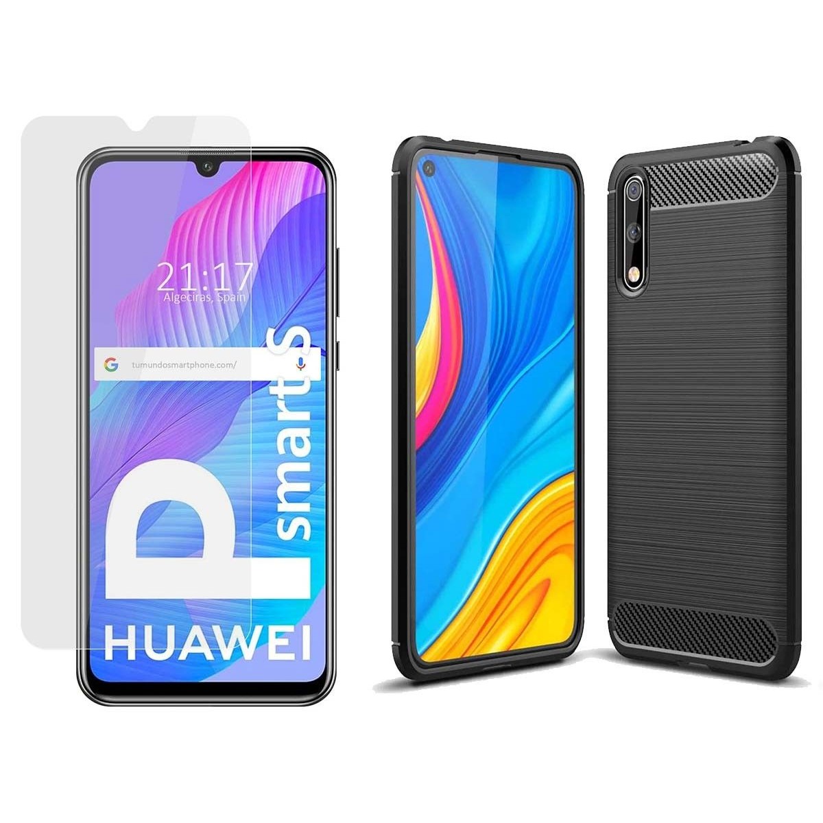 Pack 2 En 1 Funda Gel Tipo Carbono + Protector Cristal Templado para Huawei P Smart S / Y8p