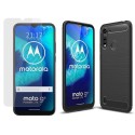 Pack 2 En 1 Funda Gel Tipo Carbono + Protector Cristal Templado para Motorola Moto G8 Power Lite