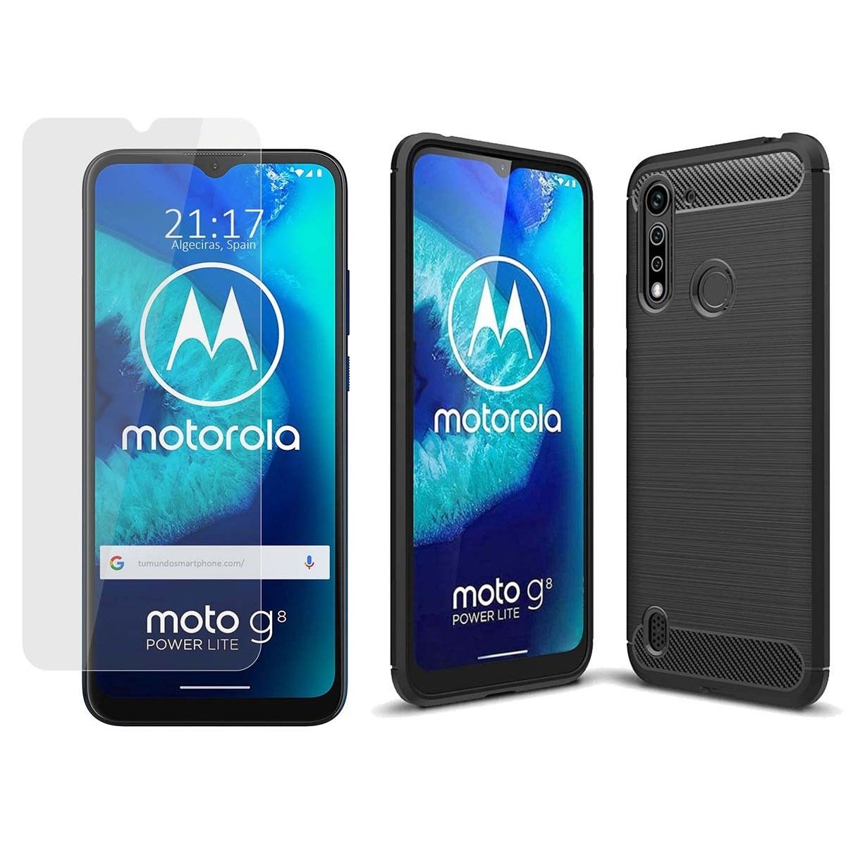 Pack 2 En 1 Funda Gel Tipo Carbono + Protector Cristal Templado para Motorola Moto G8 Power Lite