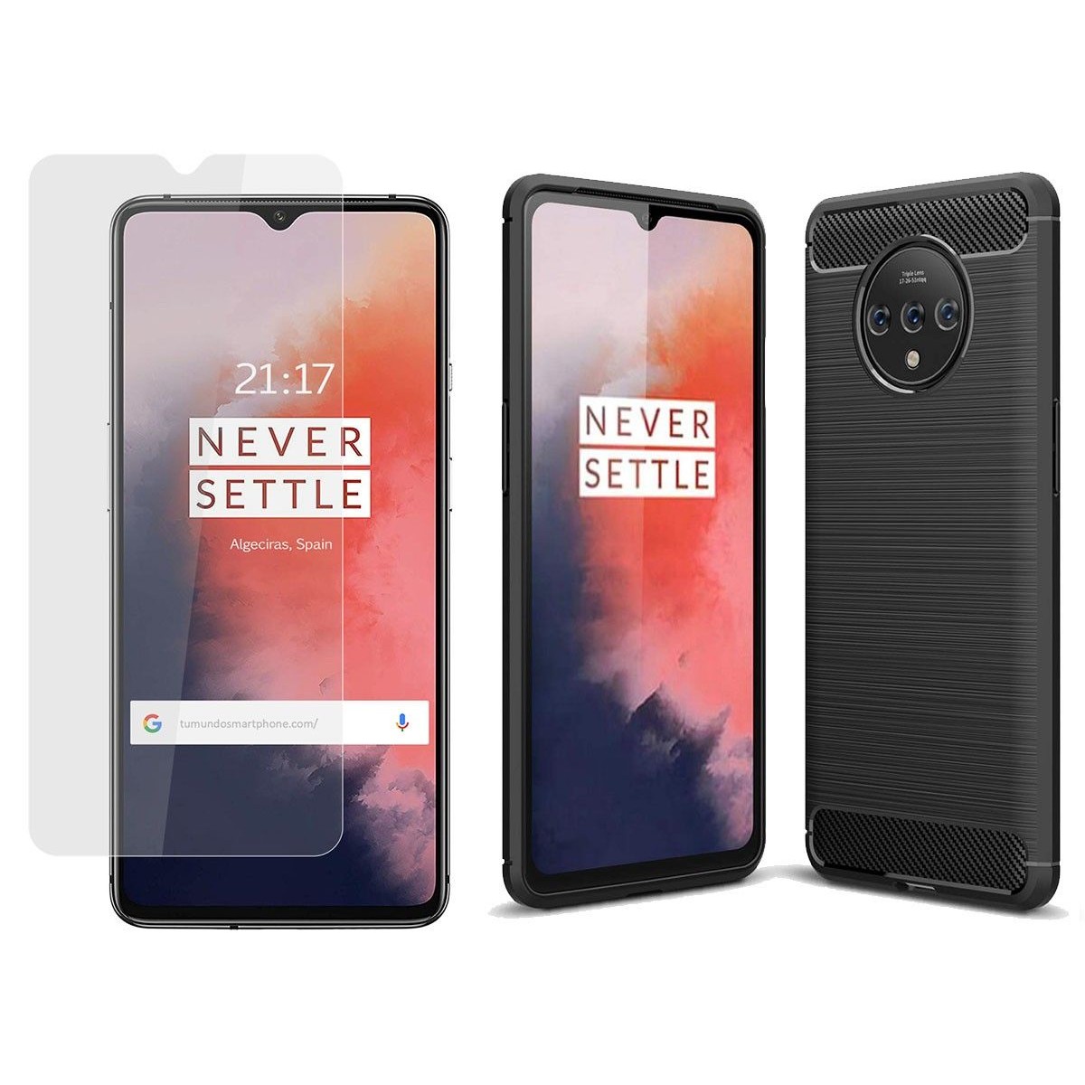 Pack 2 En 1 Funda Gel Tipo Carbono + Protector Cristal Templado para Oneplus 7T