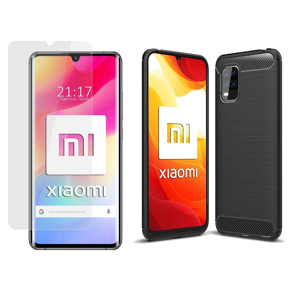 Pack 2 En 1 Funda Gel Tipo Carbono + Protector Cristal Templado para Xiaomi Mi 10 Lite