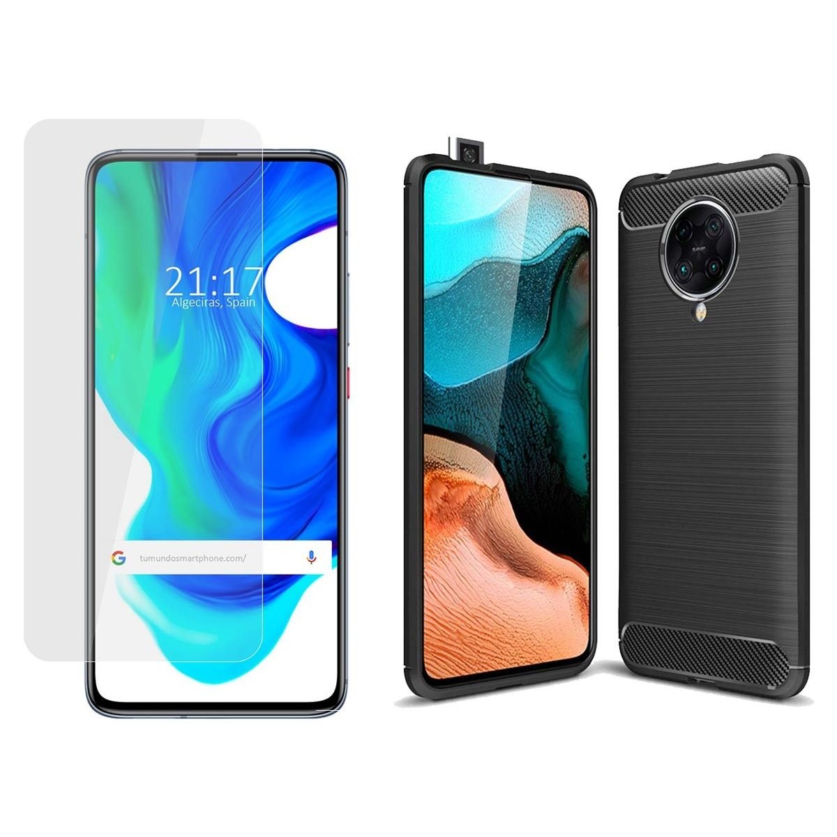 Pack 2 En 1 Funda Gel Tipo Carbono + Protector Cristal Templado para Xiaomi POCO F2 Pro