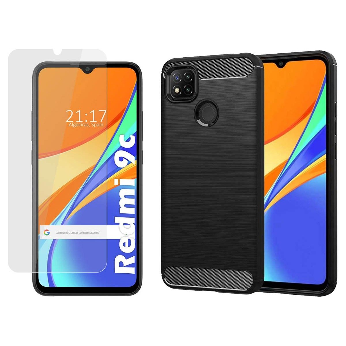 Pack 2 En 1 Funda Gel Tipo Carbono + Protector Cristal Templado para Xiaomi Redmi 9C