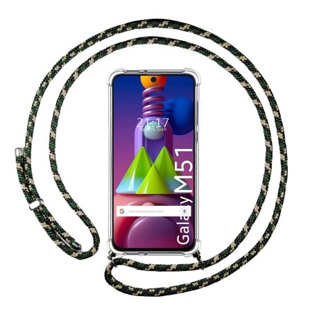 Funda Colgante Transparente para Samsung Galaxy M51 con Cordon Verde / Dorado