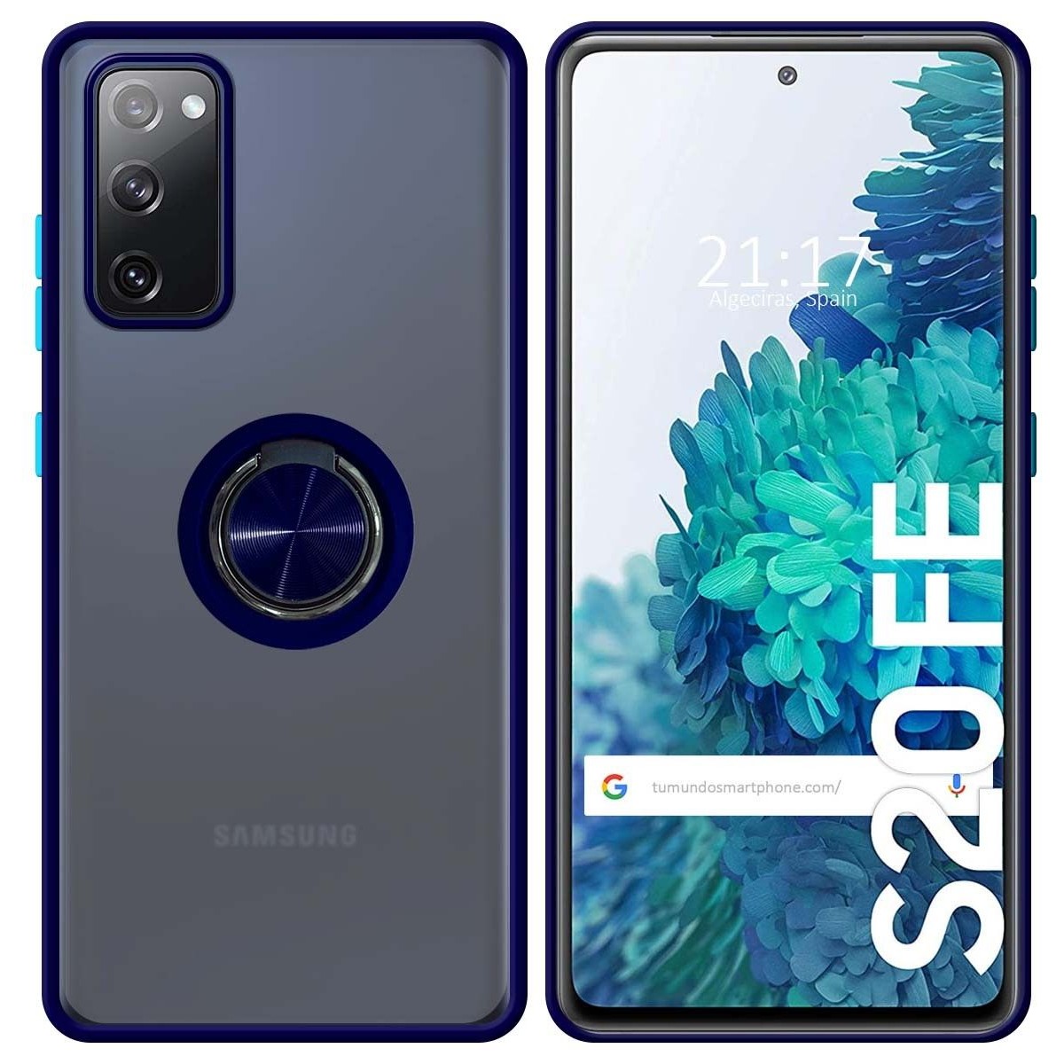 Funda Mate con Borde Azul y Anillo Giratorio 360 para Samsung Galaxy S20 FE
