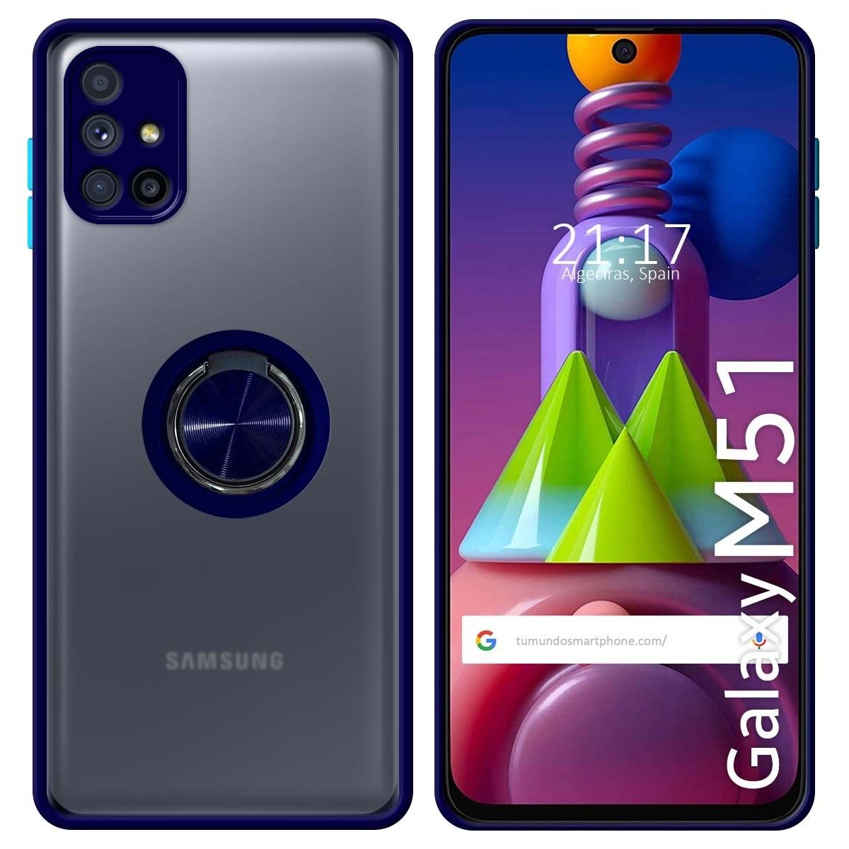 Funda Mate con Borde Azul y Anillo Giratorio 360 para Samsung Galaxy M51