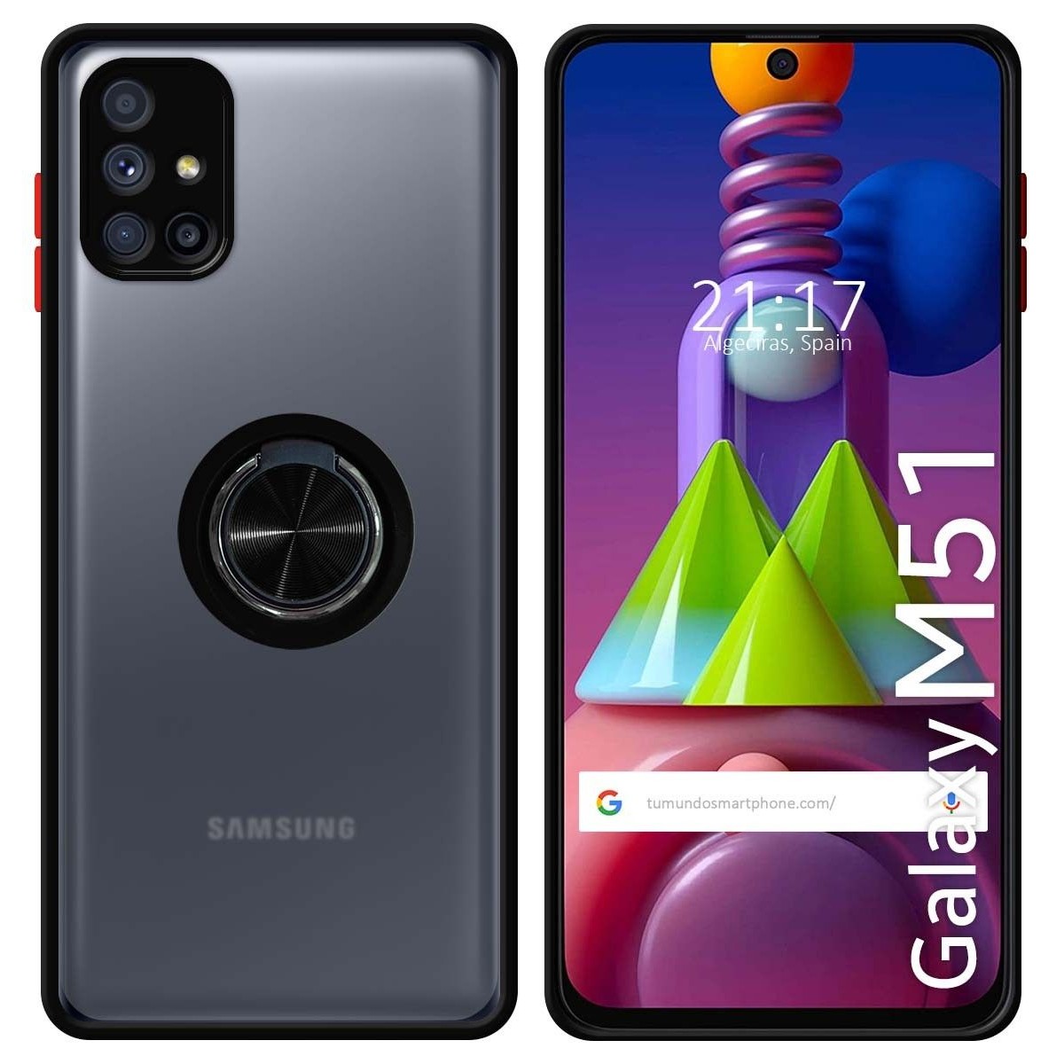 Funda Mate con Borde Negro y Anillo Giratorio 360 para Samsung Galaxy M51