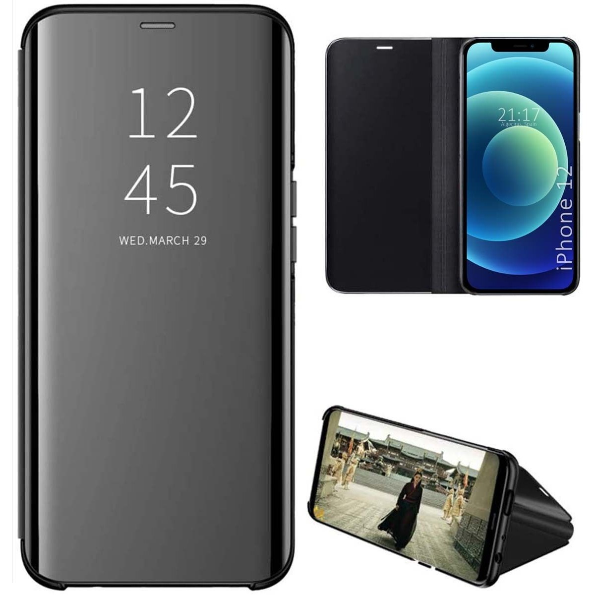 Funda Flip Cover Clear View para Iphone 12 / 12 Pro (6.1) color Negra