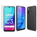 Pack 2 En 1 Funda Gel Tipo Carbono + Protector Cristal Templado para Realme C3