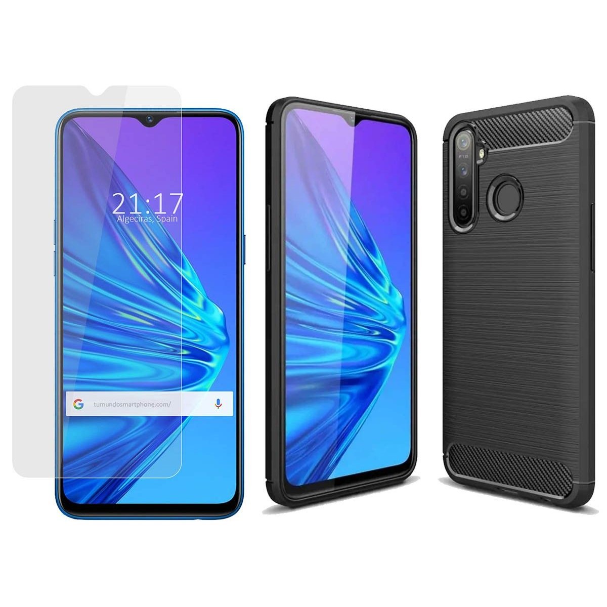Pack 2 En 1 Funda Gel Tipo Carbono + Protector Cristal Templado para Realme 5 / 5s / 5i
