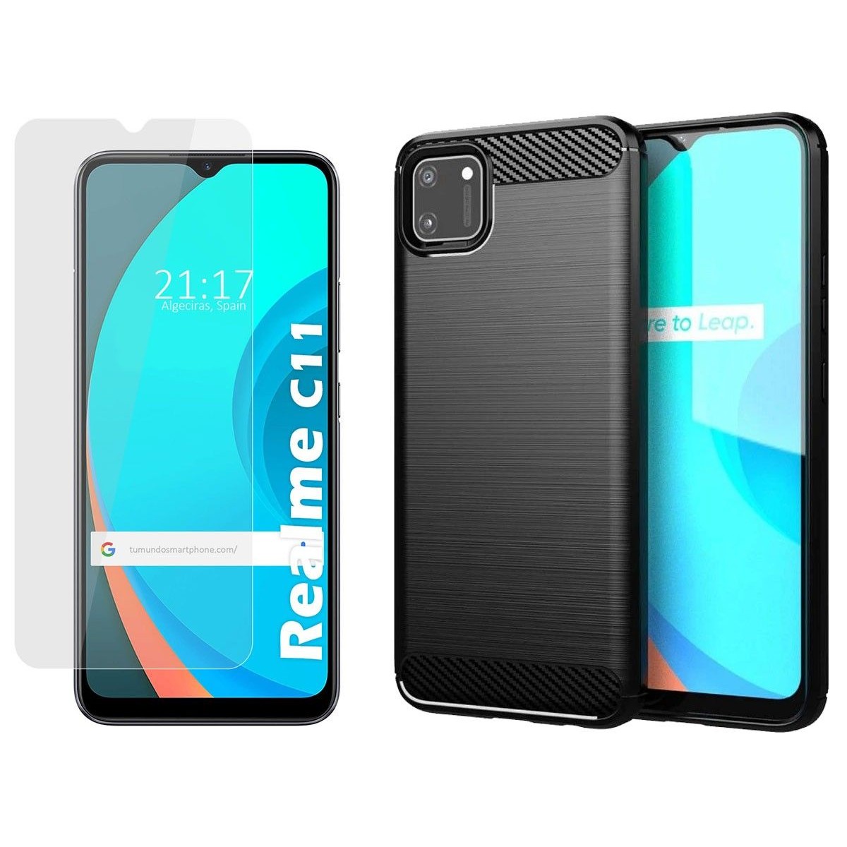 Pack 2 En 1 Funda Gel Tipo Carbono + Protector Cristal Templado para Realme C11