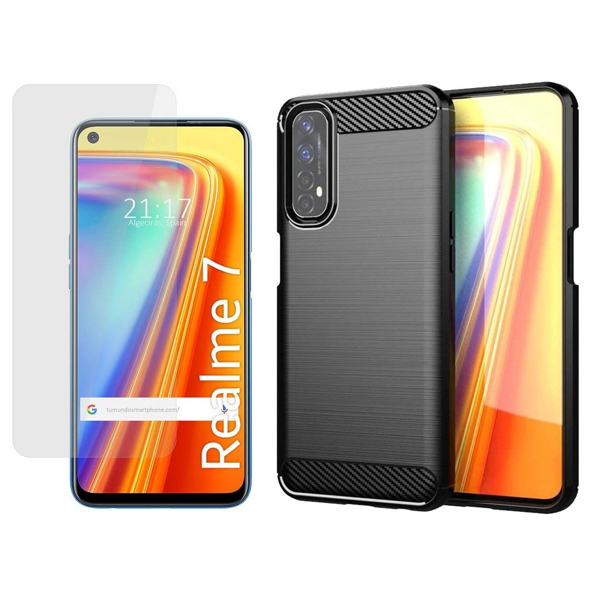 Pack 2 En 1 Funda Gel Tipo Carbono + Protector Cristal Templado para Realme 7