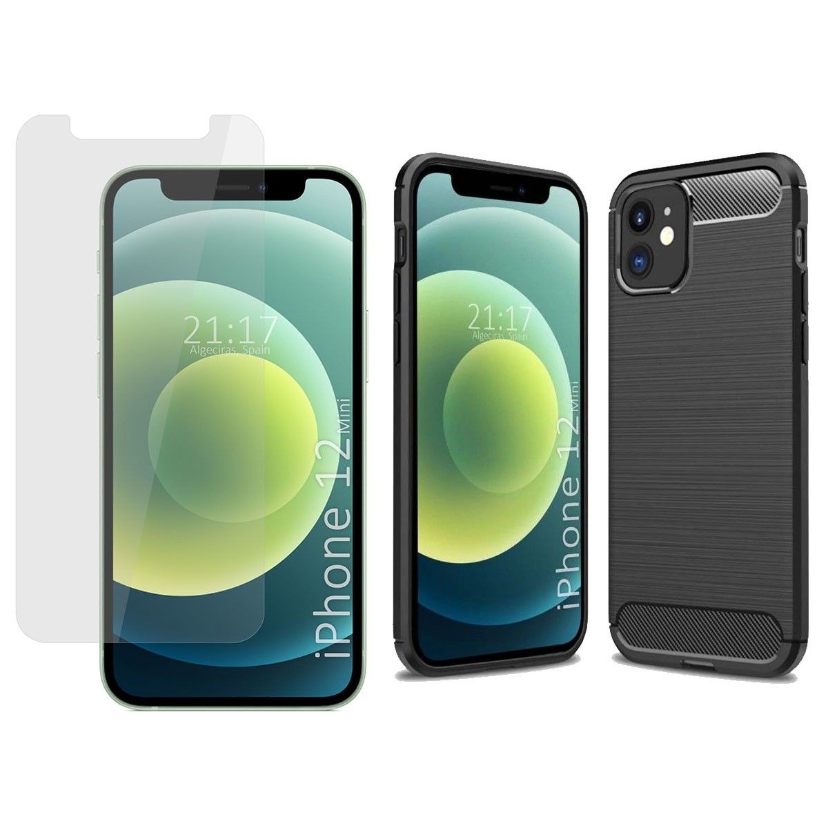 Pack 2 En 1 Funda Gel Tipo Carbono + Protector Cristal Templado para Iphone 12 Mini (5.4)