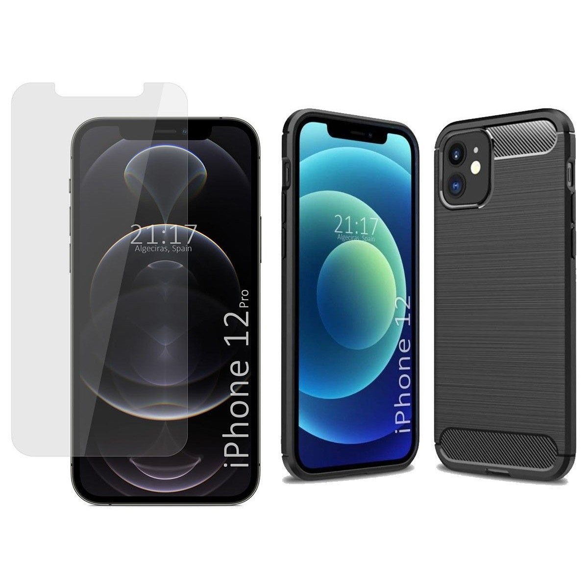 Pack 2 En 1 Funda Gel Tipo Carbono + Protector Cristal Templado para Iphone 12 / 12 Pro (6.1)