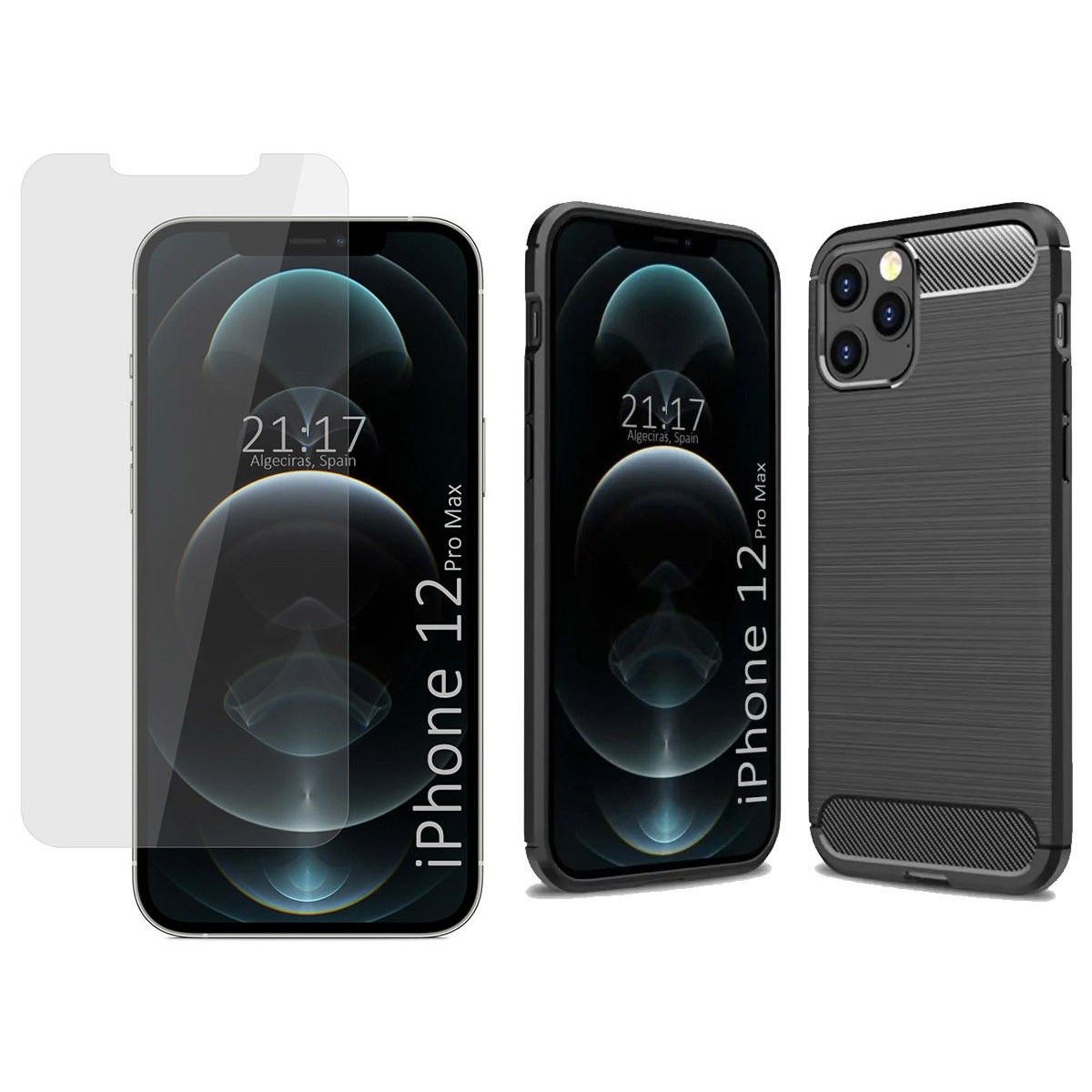 Pack 2 En 1 Funda Gel Tipo Carbono + Protector Cristal Templado para Iphone 12 Pro Max (6.7)