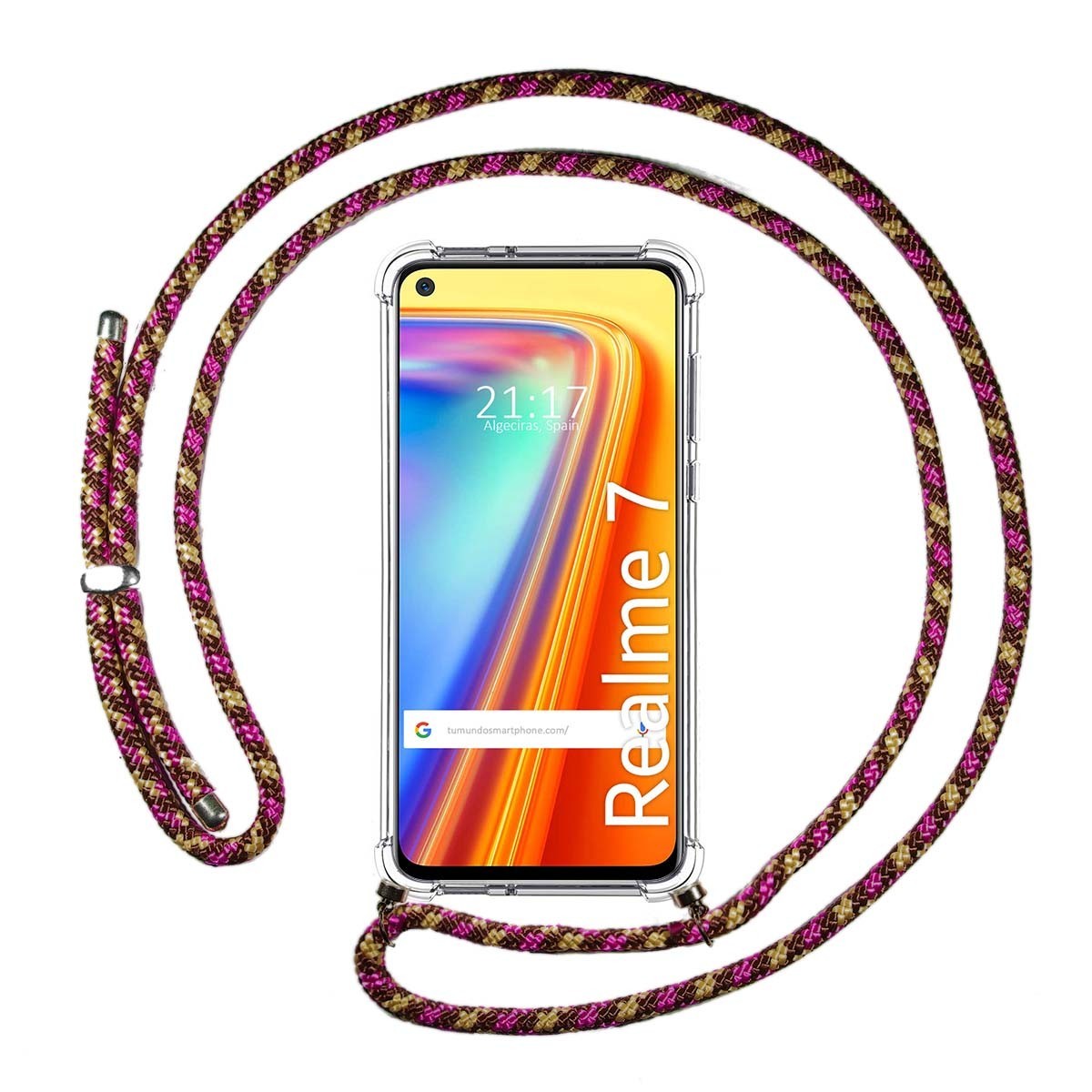 Funda Colgante Transparente para Realme 7 con Cordon Rosa / Dorado