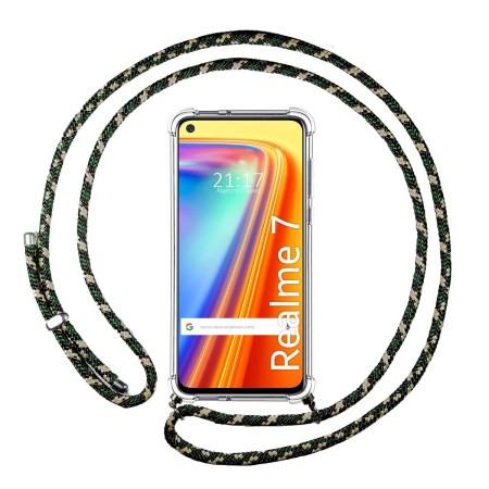 Funda Colgante Transparente para Realme 7 con Cordon Verde / Dorado