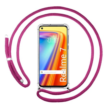 Funda Colgante Transparente para Realme 7 con Cordon Rosa Fucsia