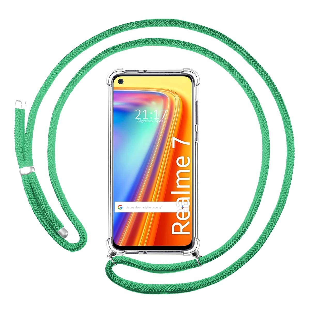 Funda Colgante Transparente para Realme 7 con Cordon Verde Agua