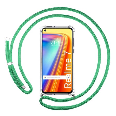 Funda Colgante Transparente para Realme 7 con Cordon Verde Agua