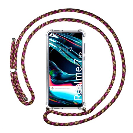 Funda Colgante Transparente para Realme 7 Pro con Cordon Rosa / Dorado