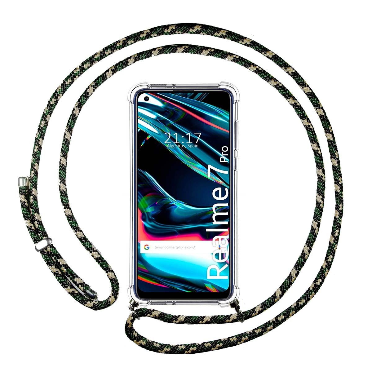 Funda Colgante Transparente para Realme 7 Pro con Cordon Verde / Dorado