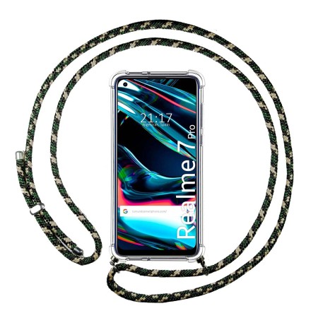 Funda Colgante Transparente para Realme 7 Pro con Cordon Verde / Dorado
