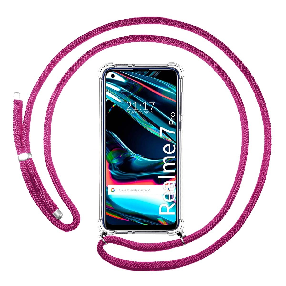 Funda Colgante Transparente para Realme 7 Pro con Cordon Rosa Fucsia