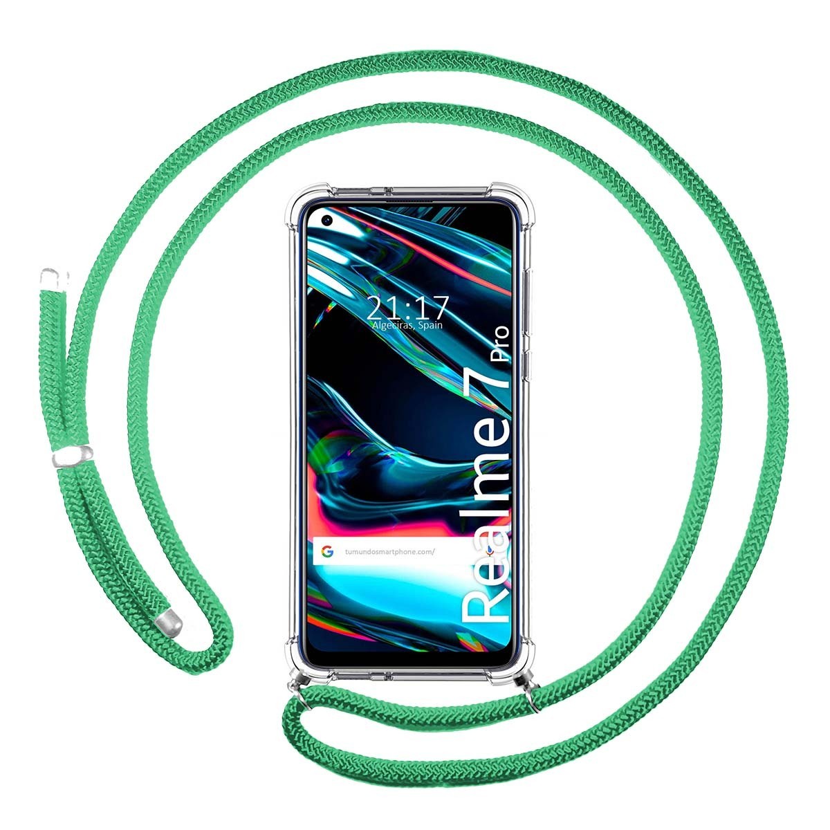 Funda Colgante Transparente para Realme 7 Pro con Cordon Verde Agua