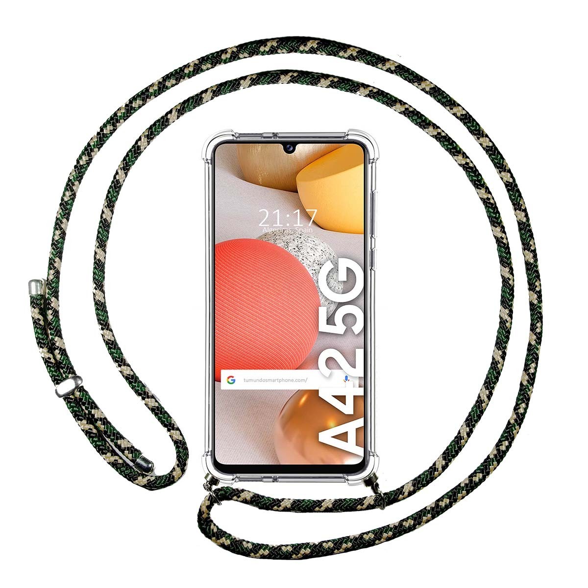 Funda Colgante Transparente para Samsung Galaxy A42 5G con Cordon Verde / Dorado