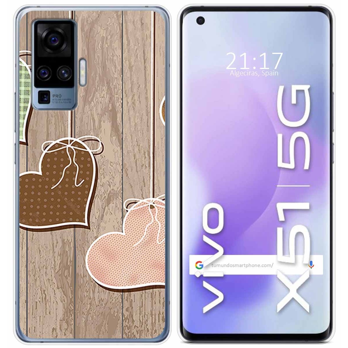 Funda Gel Tpu para Vivo X51 5G diseño Corazones Madera Dibujos