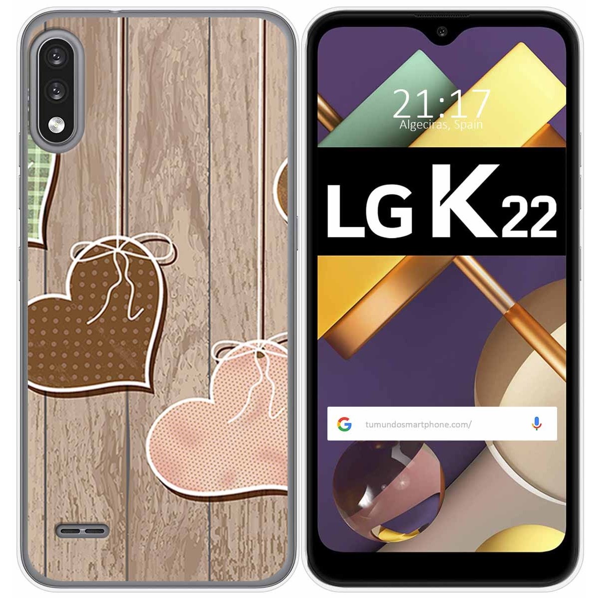 Funda Gel Tpu para Lg K22 diseño Corazones Madera Dibujos