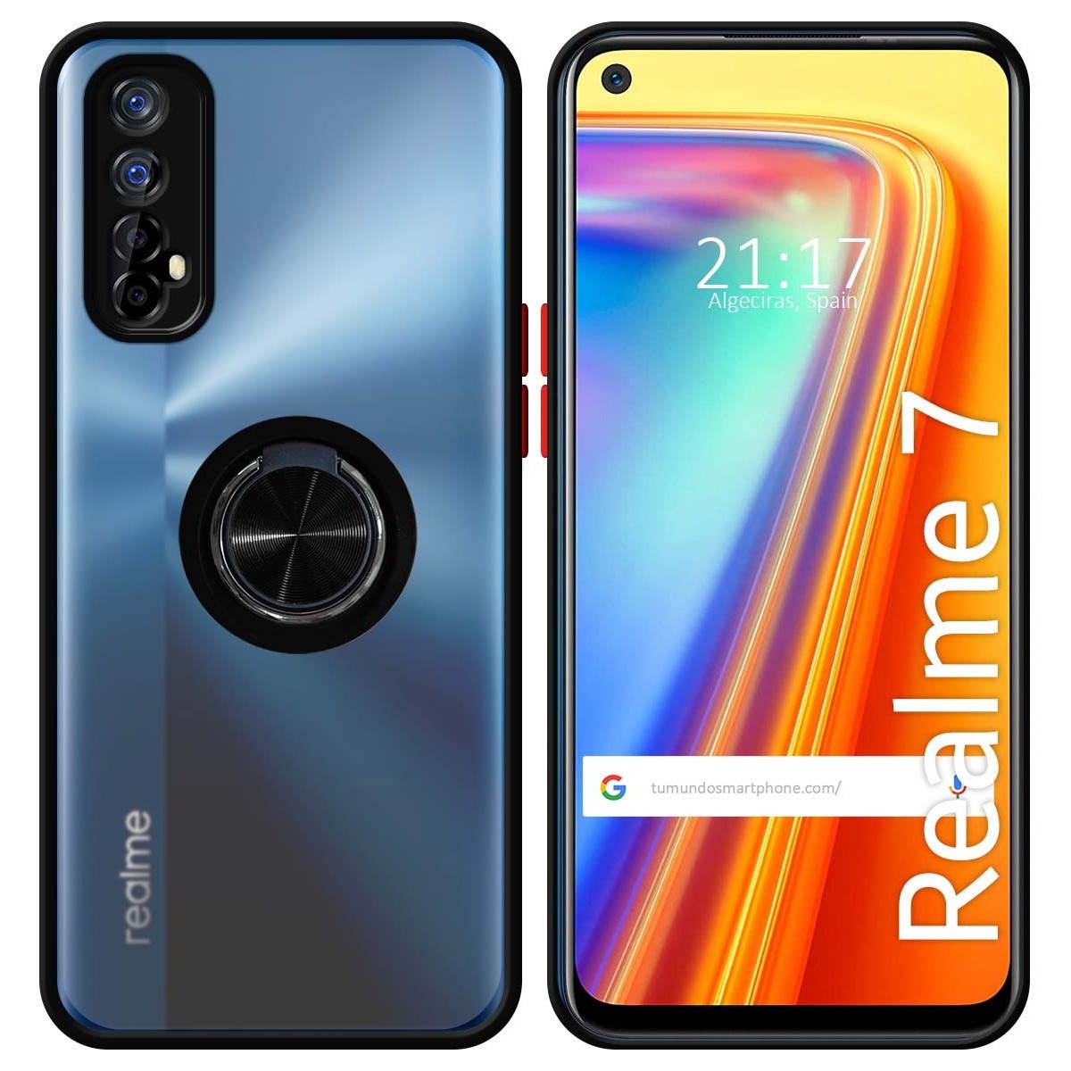 Funda Mate con Borde Negra y Anillo Giratorio 360 para Realme 7 Pro